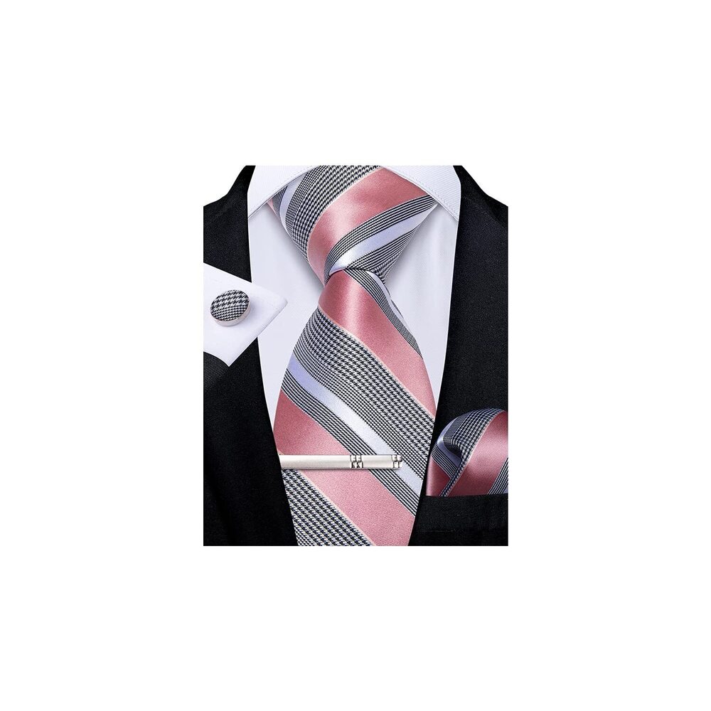 5253 Striped Tie Silk Woven Necktie and Pocket Square Cufflinks Tie Clip